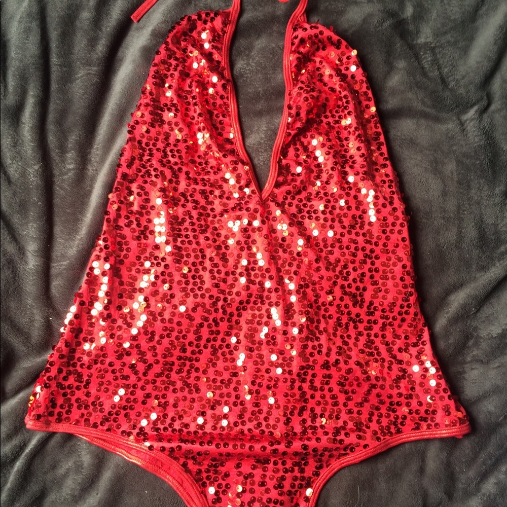 Red sequin halter bodysuit